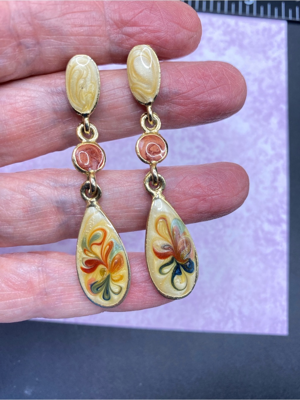 1990’s Enamel Tear Drop Dangle Earrings Floral Design Vintage Boho
